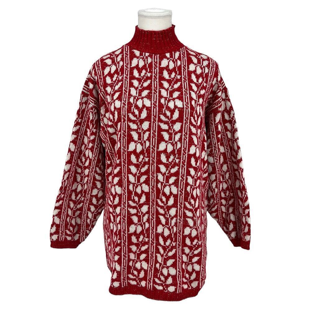 Vintage 90’s American Pride Sweater Floral Red White Metallic Medium‎